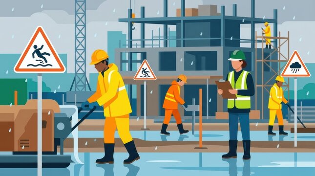 Construction workers are busy at a site as rain falls. They follow safety protocols and handle equipment while working.