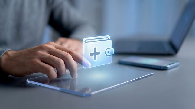 man interacting with digital tablet and wallet icon on screen for finance and technology concept