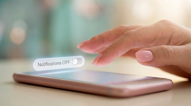 Person Turning Off Notifications on Smartphone with Floating Toggle