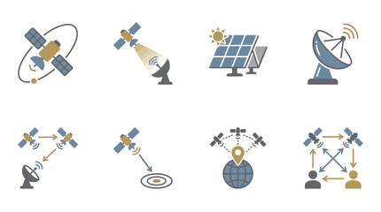 Obraz premium Satellite Technology Icons: Orbit, Communication, Solar Power, Navigation