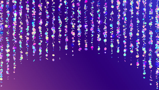 Glitch Tinsel. Blue Holographic Confetti And Pink Disco Glitter. Abstract Birthday Background. Prom Decoration With Overlay Texture And Burst Bling. Purple Glitch Tinsel