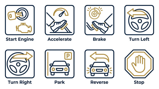 Car Driving Icons: Start, Accelerate, Brake, Turn, Park, Reverse, Stop