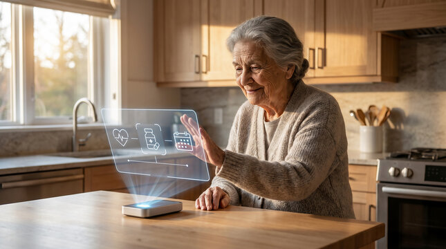 Senior woman interacting with a simplified AI-powered digital interface designed for accessibility and inclusive smart living in a realistic modern home environment.