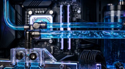 Advanced PC liquid cooling system with blue coolant and RGB lighting © phj.domingos