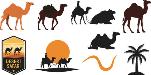 Vector set of camels and desert safari elements including camels with riders, silhouettes, tracks, palm tree, sunset, and Desert Safari badge for wildlife and travel design © MdSoleman