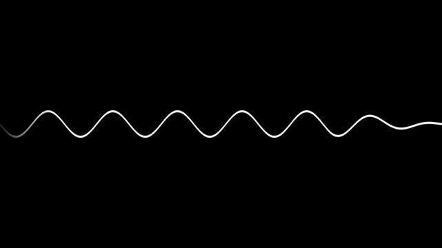 Minimalist white sine wave audio frequency animation on black background, for sound visualization, and tech