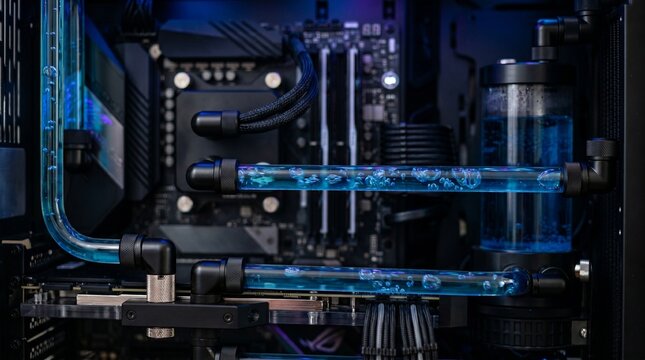 Advanced PC liquid cooling system with blue coolant and visible bubbles