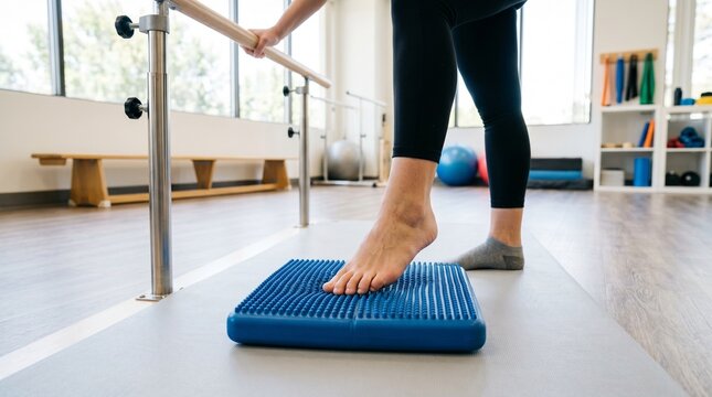 Physical therapy foot stepping onto balance disc for rehabilitation exercise