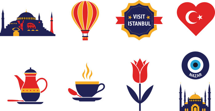 Vector set of Istanbul landmarks and Turkish cultural elements including mosques, hot air balloon, tea, tulip, heart flag, Nazar amulet, and visit Istanbul badge