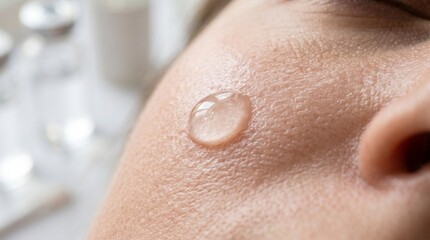 Fototapeta premium Close-up of clear serum drop on textured skin with blurred background