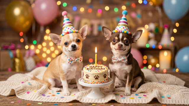 Cute Chihuahua puppies with party hats celebrating a birthday with a paw cake, Adorable two dogs sitting together at a birthday party bash with colorful balloons and lights
