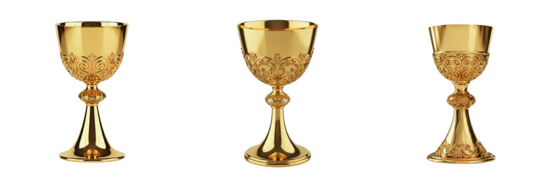 Set of Ornate Gold Chalices Isolated on White Background, Luxurious Metal Goblets, Royal Medieval Drinkware, Elegant Ceremonial Cups for Royal Design PNG