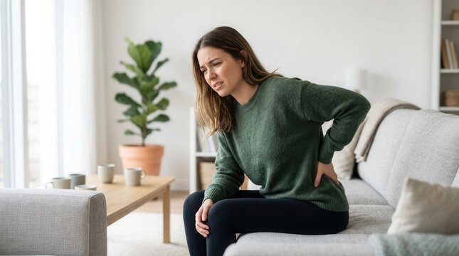 Experiencing back pain at home woman sitting on couch lifestyle photography indoor environment close-up perspective
