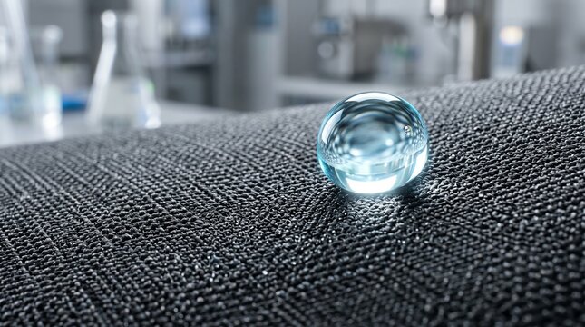 Close-up of a luminous water droplet on textured dark fabric in a lab