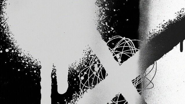 Abstract black and white paint splatter texture with graffiti spray effect and chaotic scribble details. Grunge urban background for creative design and overlays.
