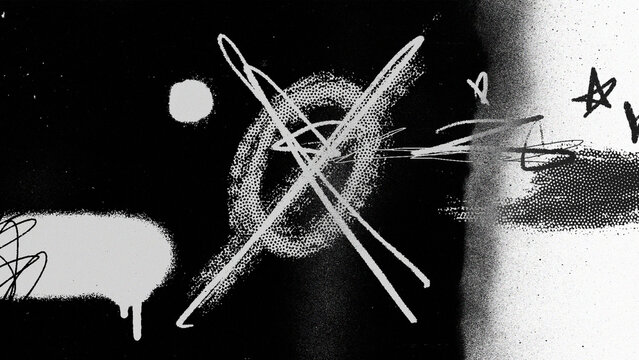 Abstract black and white graffiti texture with spray paint marks, scribbles and grunge brush elements. Urban artistic background for posters, overlays and modern design.