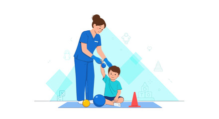 Obraz premium Pediatric physical therapist helping a child with arm exercises, rehabilitation, and therapy
