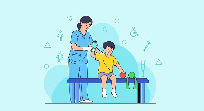 Pediatric physical therapist helping a child with arm exercises on a bench, colorful toys nearby