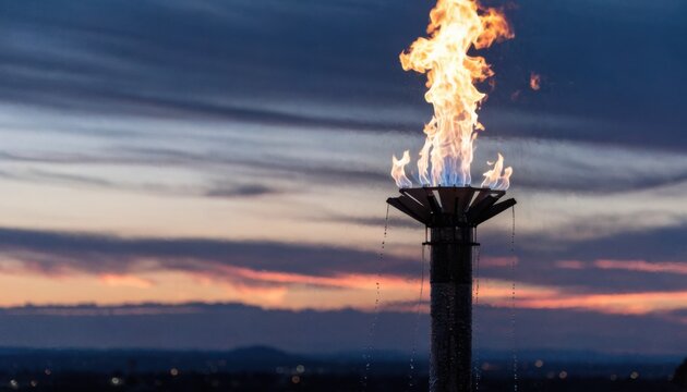 Medium shot of vertical landfill gas flare stack burning bright against a twilight sky main flare in sharp focus with blurred sunset background creating dramatic contrast.
