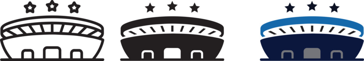 Sport stadium and arena icons set with 3 stars, vector illustration featuring modern architecture in outline, solid, and colored styles and glyph © fay009