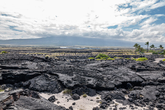 Pāhoehoe Lava flows, Alkalic basalt, Hualalai Volcanics (Shield volcano). Wawaloli Beach Park, Kailua-Kona, Island of Hawaii (The Big Island).