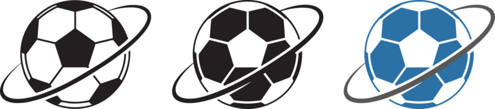 Modern soccer ball icons set featuring planetary orbit rings and motion effects in black and blue and football and sport in styles in in outline solid