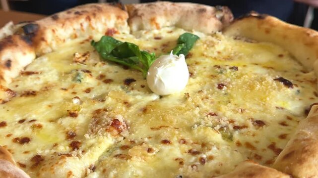 four cheese pizza reflecting changing climate patterns and the importance of protecting the environment. rich texture, and an appetizing gourmet presentation. 