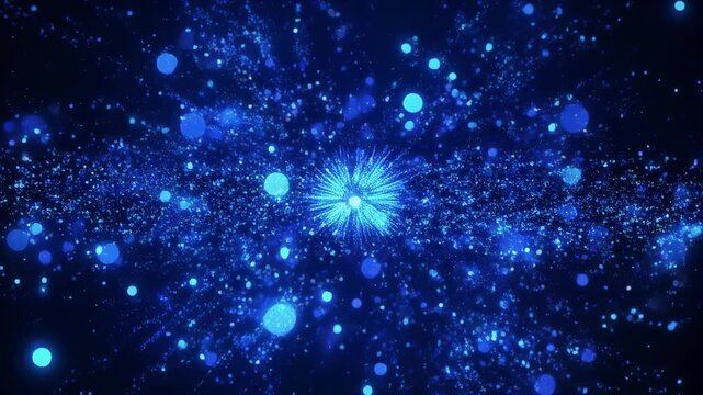 Glowing blue particles explosion in dark space background