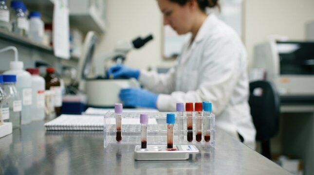 Pediatric crossmatch testing scene focusing on small blood sample tubes with technician in soft focus highlighting specialized compatibility procedures.