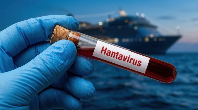 Blue nitrile glove holding a blood sample test tube with blurred cruise ship at sea,a white paper label with the word "Hantavirus" printed in bold red typography