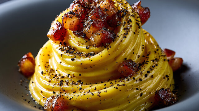 Authentic Italian spaghetti carbonara with crispy guanciale and coarse black pepper
