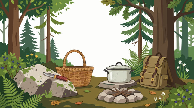 Camping forest scene with pot, basket, backpack and knife on rock