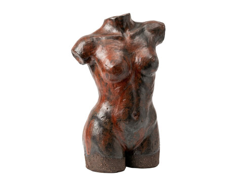 Handcrafted ceramic sculpture of an abstract human torso, 30cm tall, with a textured iron oxide glaze in rust red and charcoal.