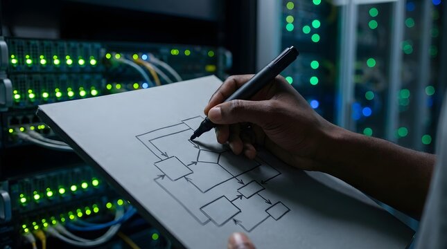 Close up of IT engineer drawing a network flowchart on clipboard in a server room data center