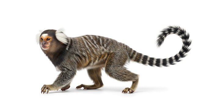 Small marmoset monkey with distinctive white ear tufts and striped tail on white background
