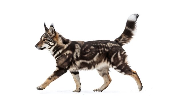 Unique wolfdog with striking coat pattern walks across snowy ground