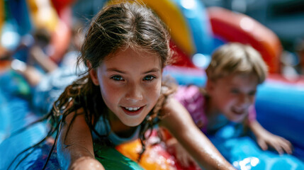 Fototapeta premium Happy girl playing on a colorful inflatable water slide, summer fun, childhood recreation and outdoor amusement concept