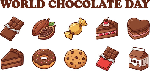 World chocolate day set with icons of sweet cocoa treats cake donut cookie candy bar and milk carton in a cute colorful cartoon style drawing.