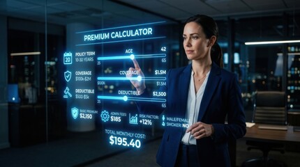 Obraz premium A business professional is using a holographic calculator to assess insurance details in a high-tech office environment.