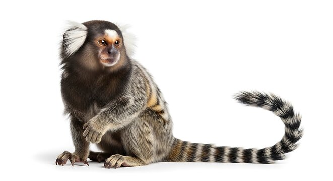 Small marmoset monkey with distinctive white ear tufts sitting against a white background