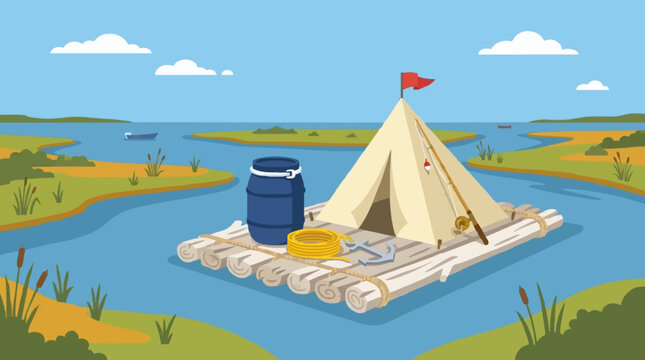 Camping Raft on River with Tent and Gear Flat Design Illustration