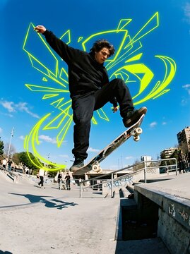 Skateboarder Jumping High Performing Ollie Trick with Neon Graphic Trails at Skatepark