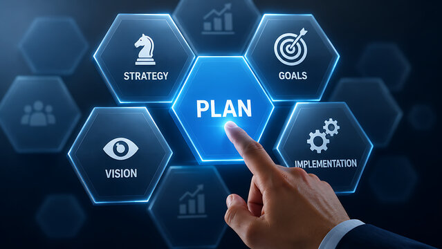 Strategic business plan concept, digital interface with strategy and goals icons, hand touching virtual screen for implementation and vision isolated on White Background
