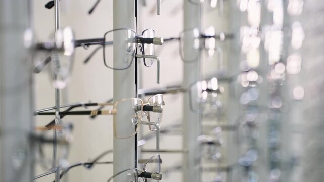 Eyeglasses collection displayed at an optical shop