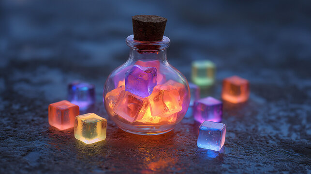 Mystical alchemy potion bottle filled with radiant neon cubes and ethereal fog, cinematic lighting