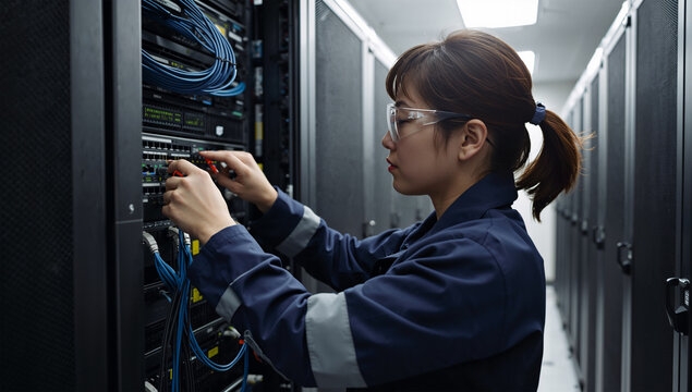 サーバー設備を点検する日本人女性技術者の作業写真