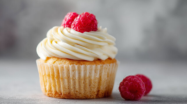 Minimalist cupcake with white icing and raspberries on grey textured background