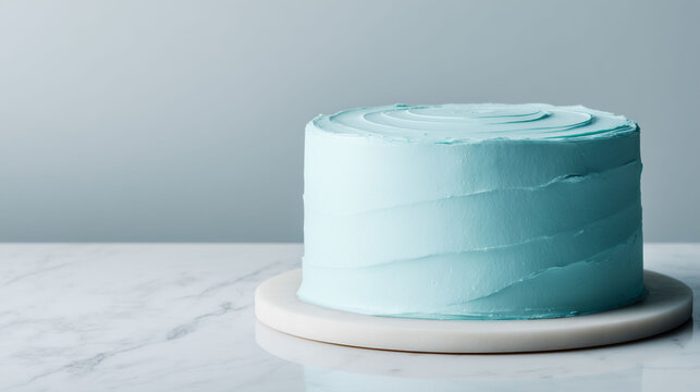 A minimalist whole cake with smooth pastel blue frosting featuring a simple horizontal spatula stroke pattern presented on a light marble cake stand