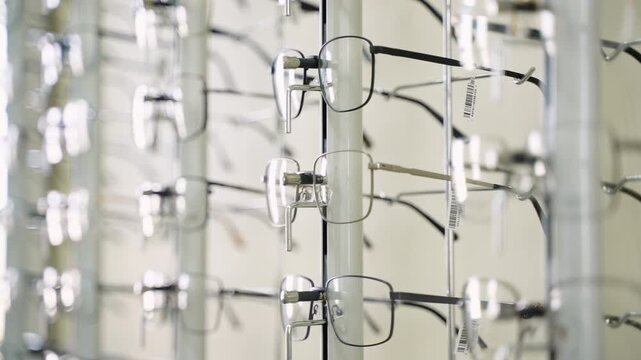 Eyeglasses collection displayed at optical store