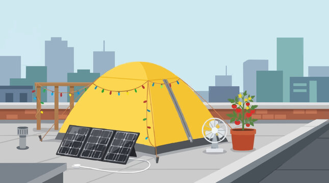 Urban Camping Rooftop Tent with Solar Panel City Background Flat